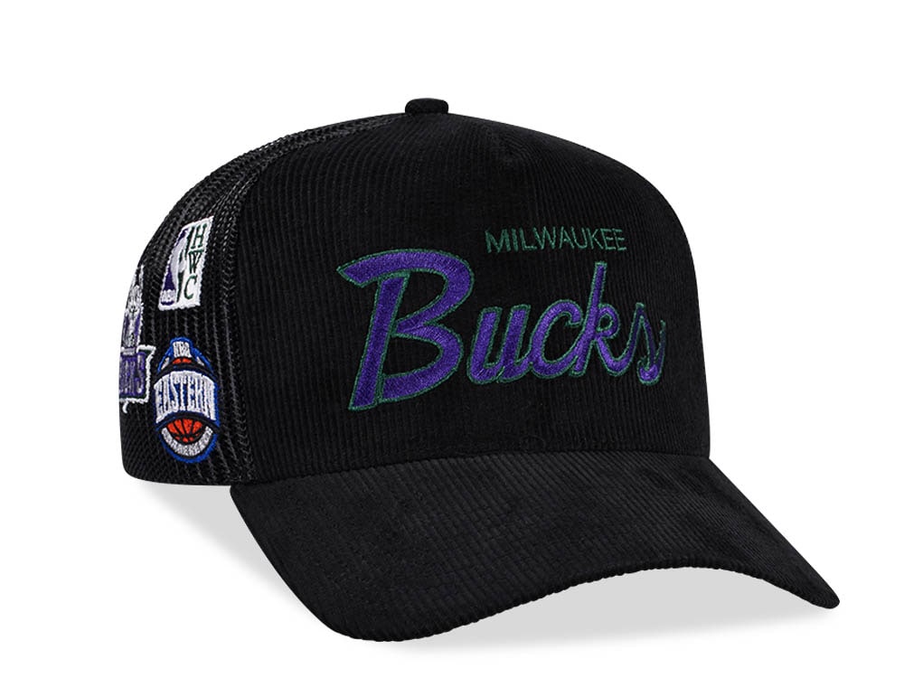 Mitchell & Ness Milwaukee Bucks Times up Black Cord Hardwood Classic Trucker Snapback Cap